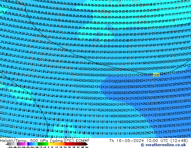 Height/Temp. 500 hPa ECMWF Th 16.05.2024 12 UTC