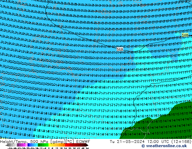 Height/Temp. 500 hPa ECMWF Di 21.05.2024 12 UTC