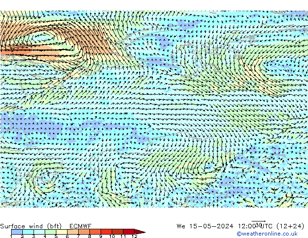 Vento 10 m (bft) ECMWF mer 15.05.2024 12 UTC