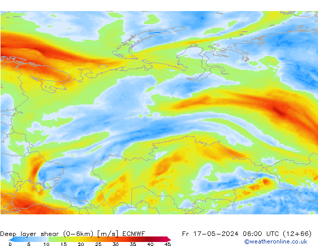 Deep layer shear (0-6km) ECMWF ven 17.05.2024 06 UTC