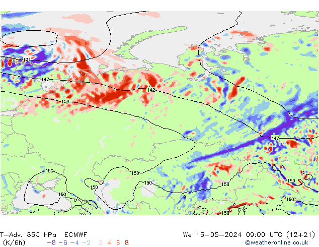 T-Adv. 850 hPa ECMWF śro. 15.05.2024 09 UTC