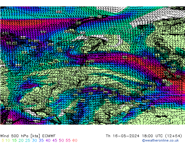 Wind 500 hPa ECMWF do 16.05.2024 18 UTC