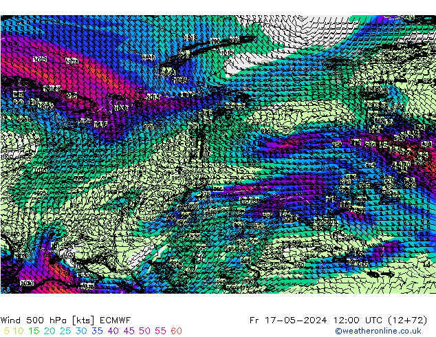 Rüzgar 500 hPa ECMWF Cu 17.05.2024 12 UTC