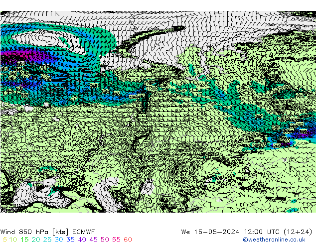 ветер 850 гПа ECMWF ср 15.05.2024 12 UTC
