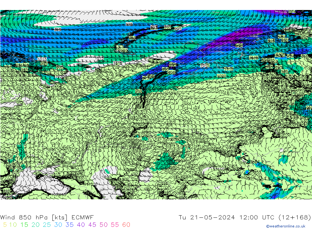 Wind 850 hPa ECMWF Tu 21.05.2024 12 UTC