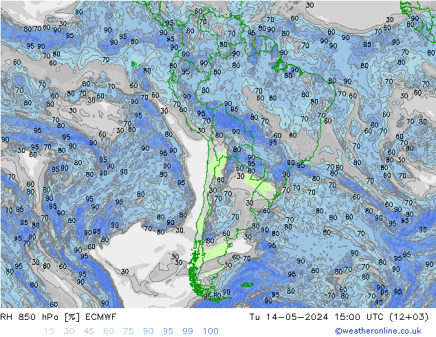 Humidité rel. 850 hPa ECMWF mar 14.05.2024 15 UTC