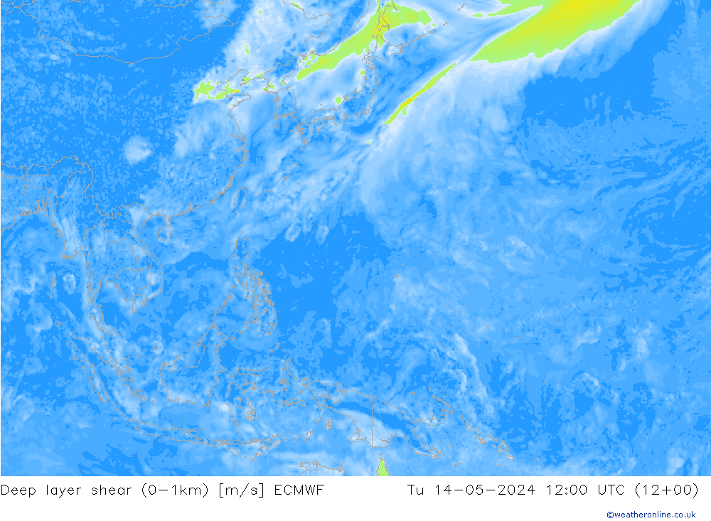 Deep layer shear (0-1km) ECMWF Ter 14.05.2024 12 UTC