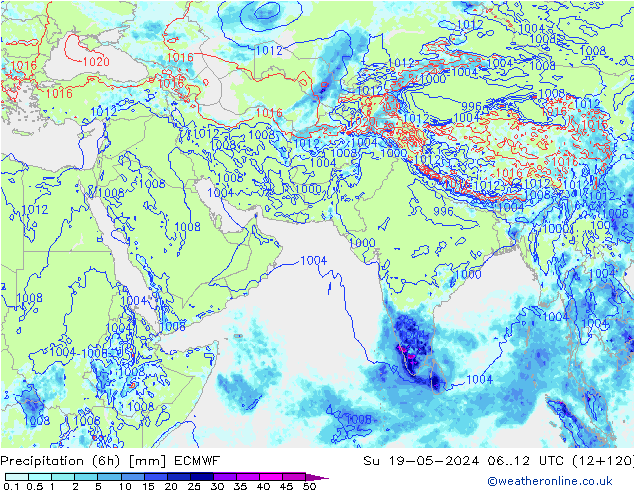 Neerslag 6h/Wind 10m/950 ECMWF zo 19.05.2024 12 UTC