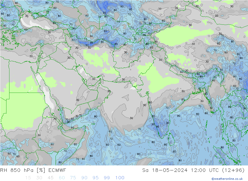 Humidité rel. 850 hPa ECMWF sam 18.05.2024 12 UTC