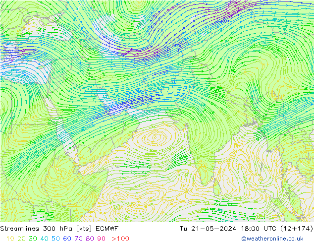 Linia prądu 300 hPa ECMWF wto. 21.05.2024 18 UTC
