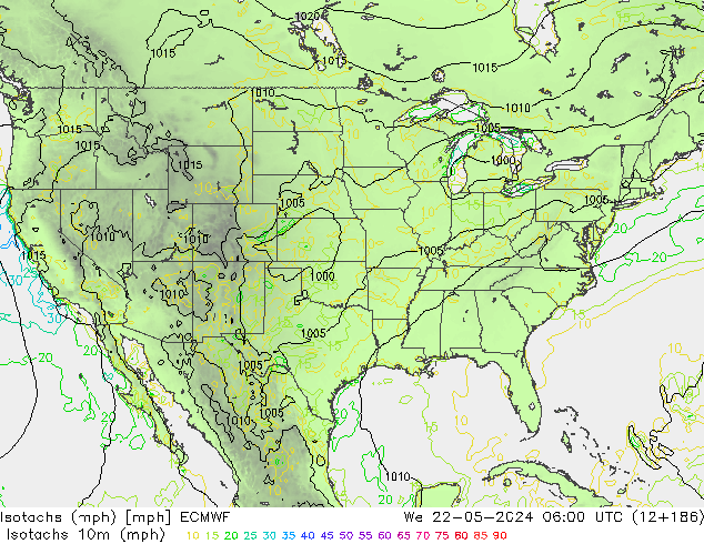 Isotachs (mph) ECMWF We 22.05.2024 06 UTC