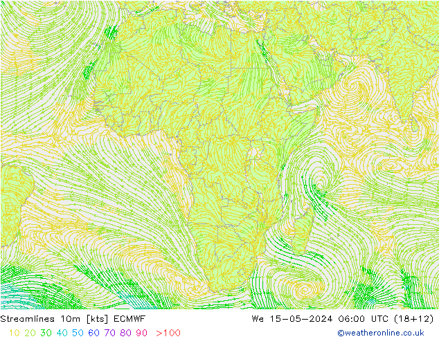 Línea de corriente 10m ECMWF mié 15.05.2024 06 UTC
