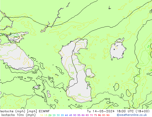Isotachs (mph) ECMWF  14.05.2024 18 UTC