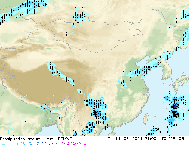 Precipitation accum. ECMWF 星期二 14.05.2024 21 UTC