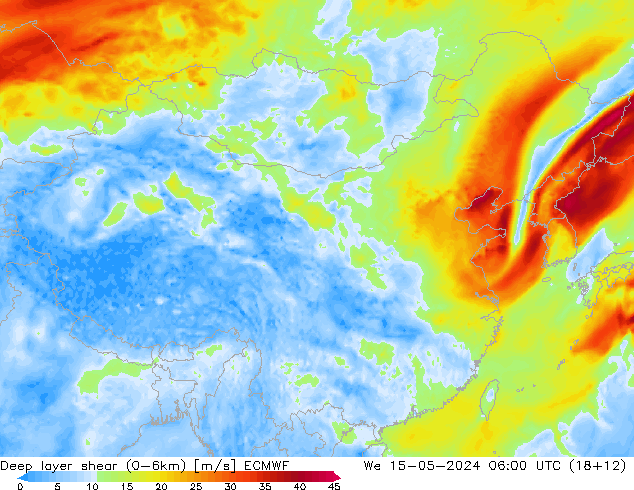 Deep layer shear (0-6km) ECMWF 星期三 15.05.2024 06 UTC