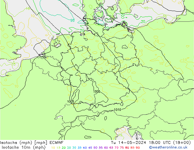 Isotachs (mph) ECMWF 星期二 14.05.2024 18 UTC