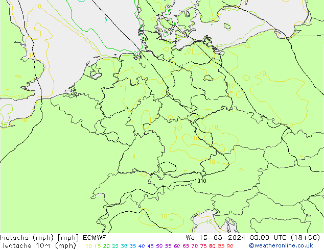 Isotachen (mph) ECMWF Mi 15.05.2024 00 UTC