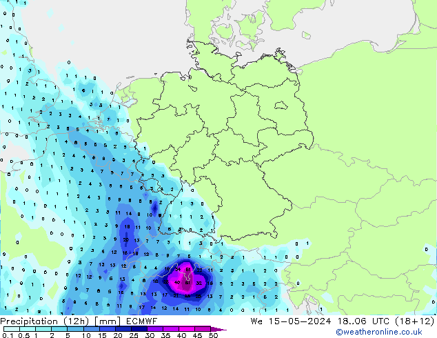 降水量 (12h) ECMWF 星期三 15.05.2024 06 UTC