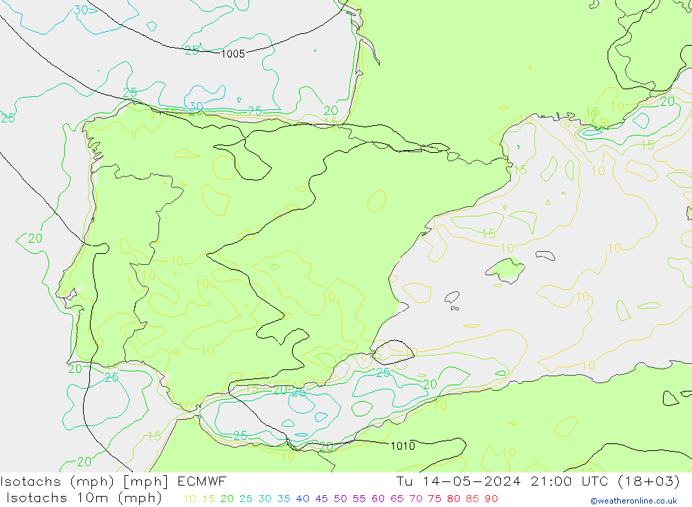 Isotachs (mph) ECMWF mar 14.05.2024 21 UTC