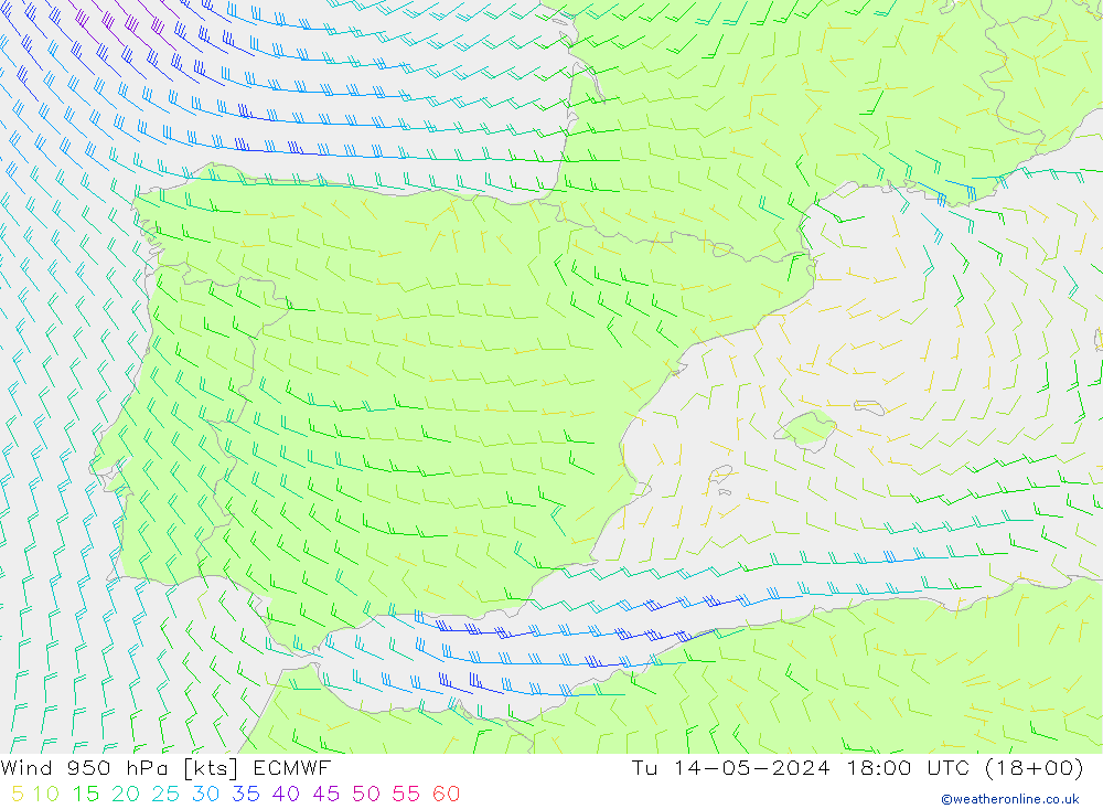 Wind 950 hPa ECMWF Tu 14.05.2024 18 UTC