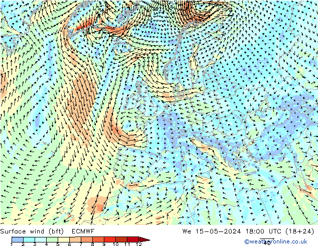 Rüzgar 10 m (bft) ECMWF Çar 15.05.2024 18 UTC