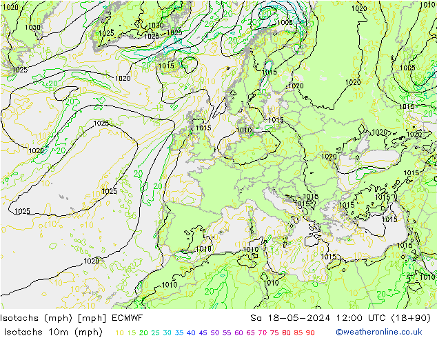 Isotachen (mph) ECMWF za 18.05.2024 12 UTC