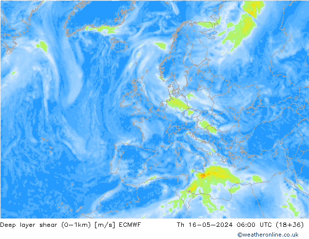 Deep layer shear (0-1km) ECMWF jeu 16.05.2024 06 UTC
