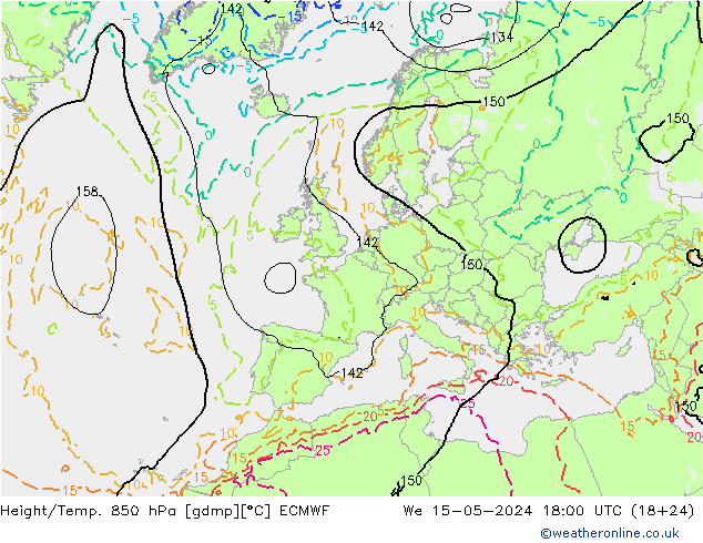 Geop./Temp. 850 hPa ECMWF mié 15.05.2024 18 UTC