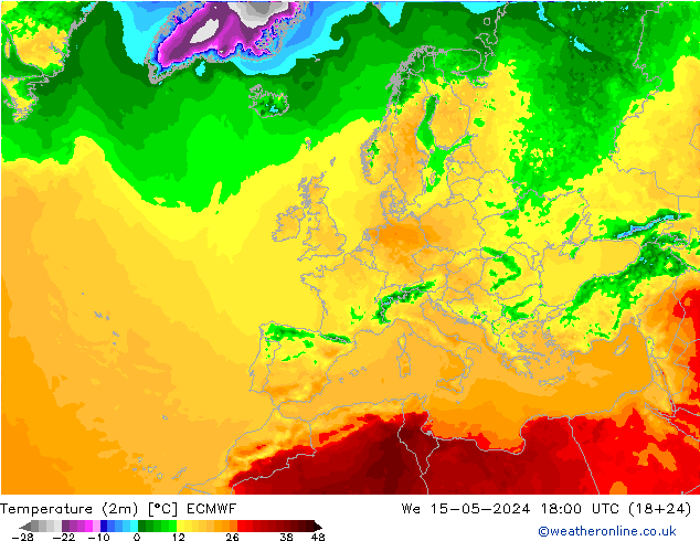 Temperatura (2m) ECMWF mié 15.05.2024 18 UTC