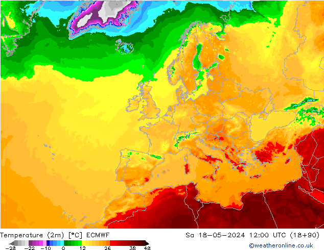 Temperatuurkaart (2m) ECMWF za 18.05.2024 12 UTC