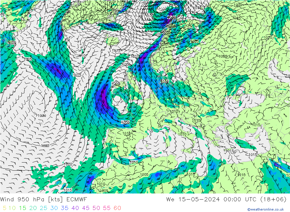 wiatr 950 hPa ECMWF śro. 15.05.2024 00 UTC