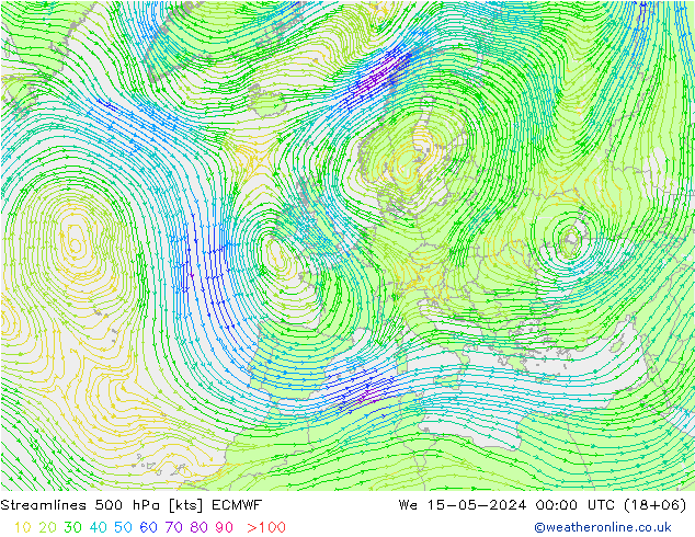 Linea di flusso 500 hPa ECMWF mer 15.05.2024 00 UTC