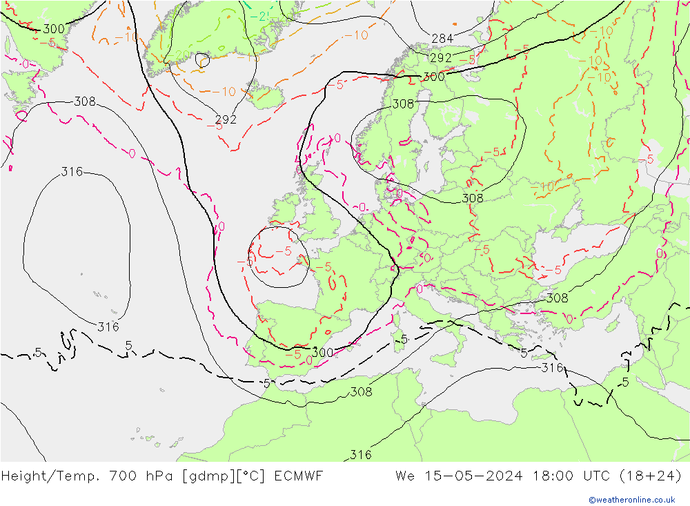Height/Temp. 700 hPa ECMWF mer 15.05.2024 18 UTC