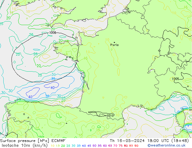 Isotachen (km/h) ECMWF Do 16.05.2024 18 UTC