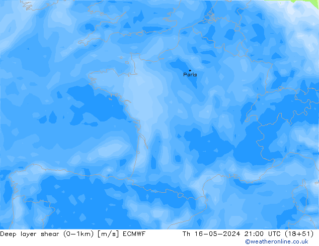 Deep layer shear (0-1km) ECMWF Per 16.05.2024 21 UTC
