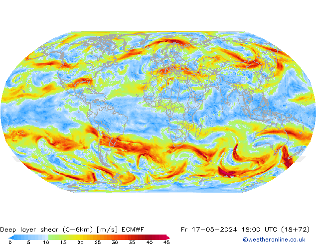 Deep layer shear (0-6km) ECMWF Fr 17.05.2024 18 UTC