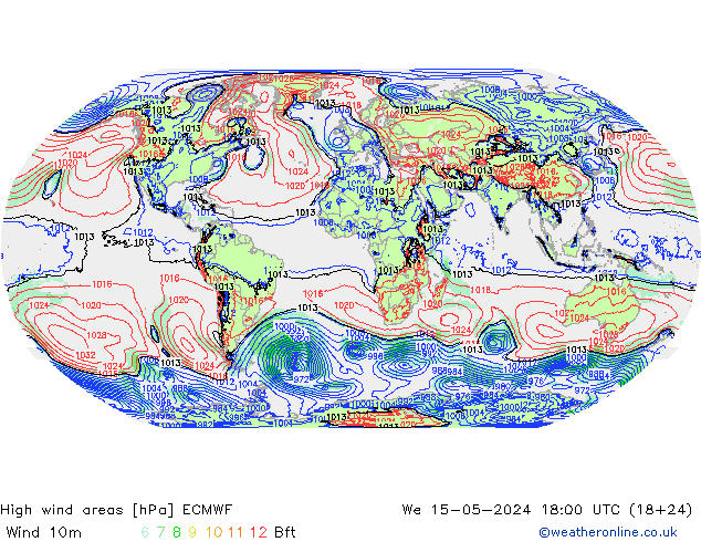 High wind areas ECMWF mer 15.05.2024 18 UTC