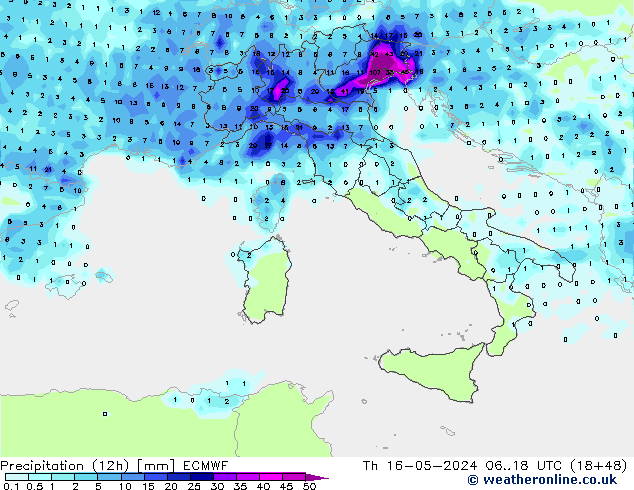 Precipitazione (12h) ECMWF gio 16.05.2024 18 UTC