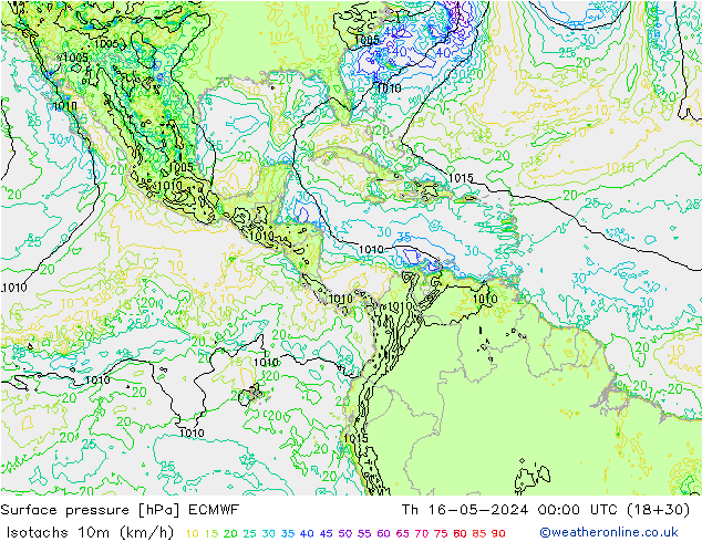 Isotachen (km/h) ECMWF do 16.05.2024 00 UTC
