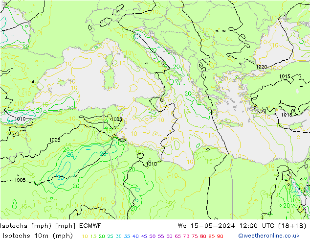 Isotachs (mph) ECMWF Qua 15.05.2024 12 UTC