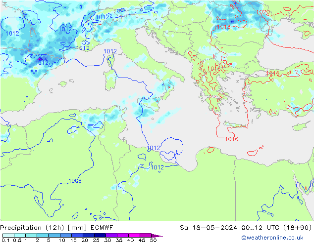 Precipitation (12h) ECMWF Sa 18.05.2024 12 UTC