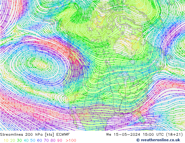 Linea di flusso 200 hPa ECMWF mer 15.05.2024 15 UTC