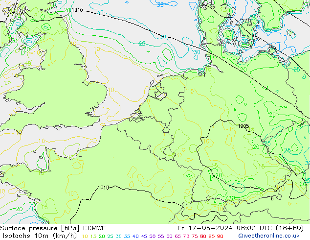 Isotachen (km/h) ECMWF vr 17.05.2024 06 UTC