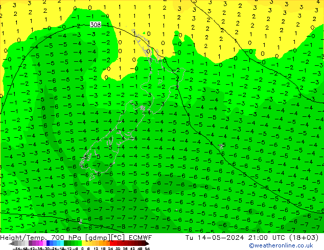 Hoogte/Temp. 700 hPa ECMWF di 14.05.2024 21 UTC