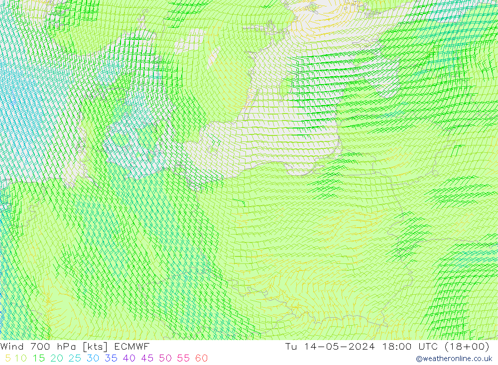 Rüzgar 700 hPa ECMWF Sa 14.05.2024 18 UTC