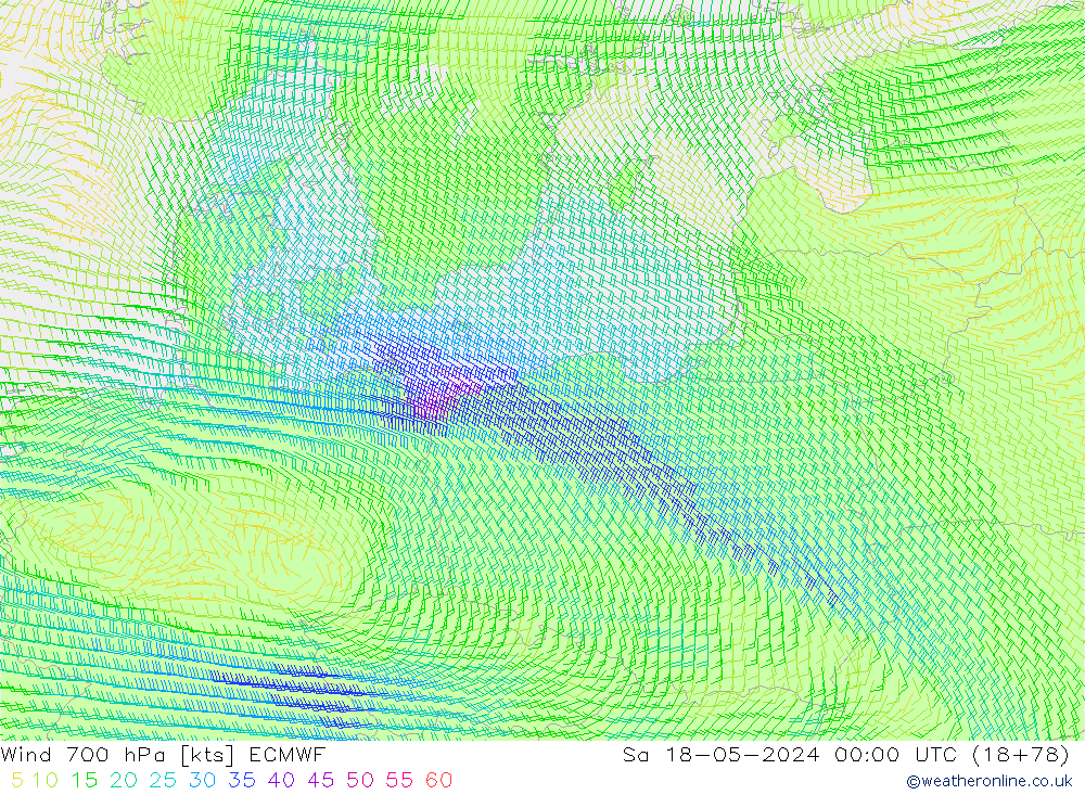 Rüzgar 700 hPa ECMWF Cts 18.05.2024 00 UTC