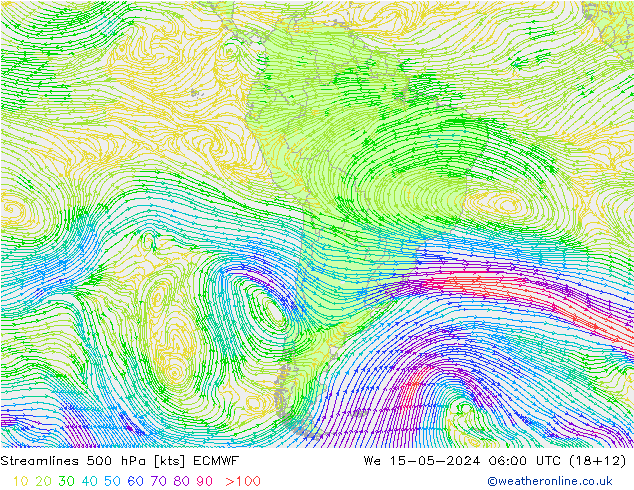 Linha de corrente 500 hPa ECMWF Qua 15.05.2024 06 UTC