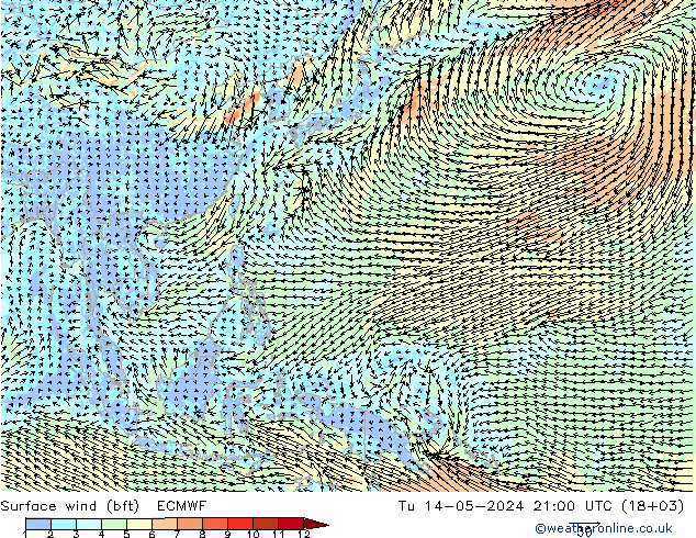 Surface wind (bft) ECMWF Tu 14.05.2024 21 UTC