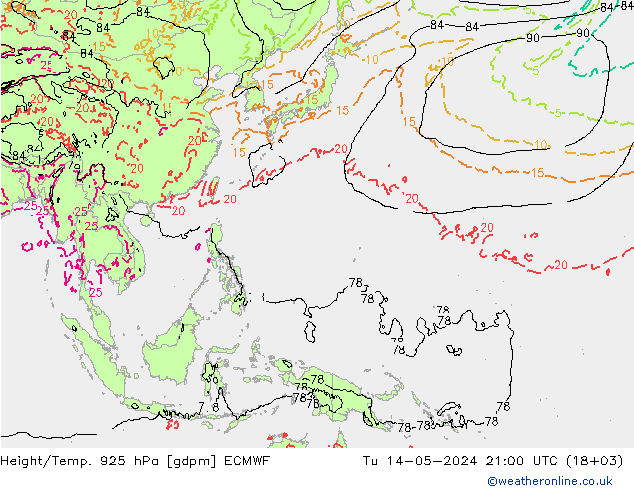 Hoogte/Temp. 925 hPa ECMWF di 14.05.2024 21 UTC