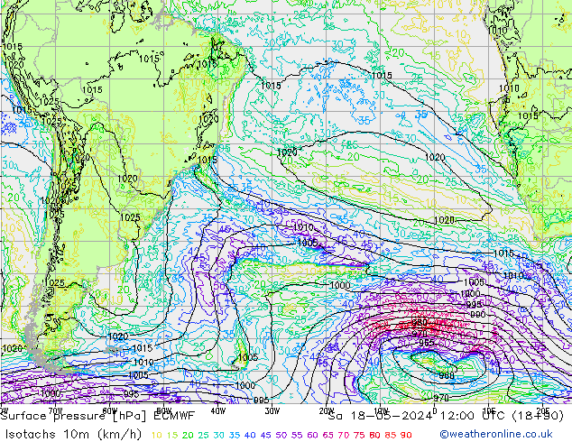 Isotachen (km/h) ECMWF za 18.05.2024 12 UTC